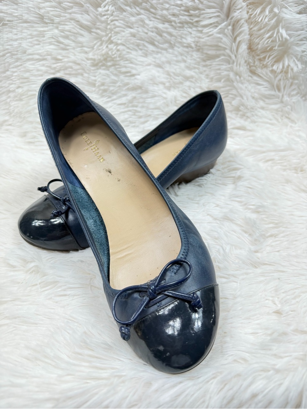 Cole Haan Navy Leather Ballet Flats with Patent Toe and Bow